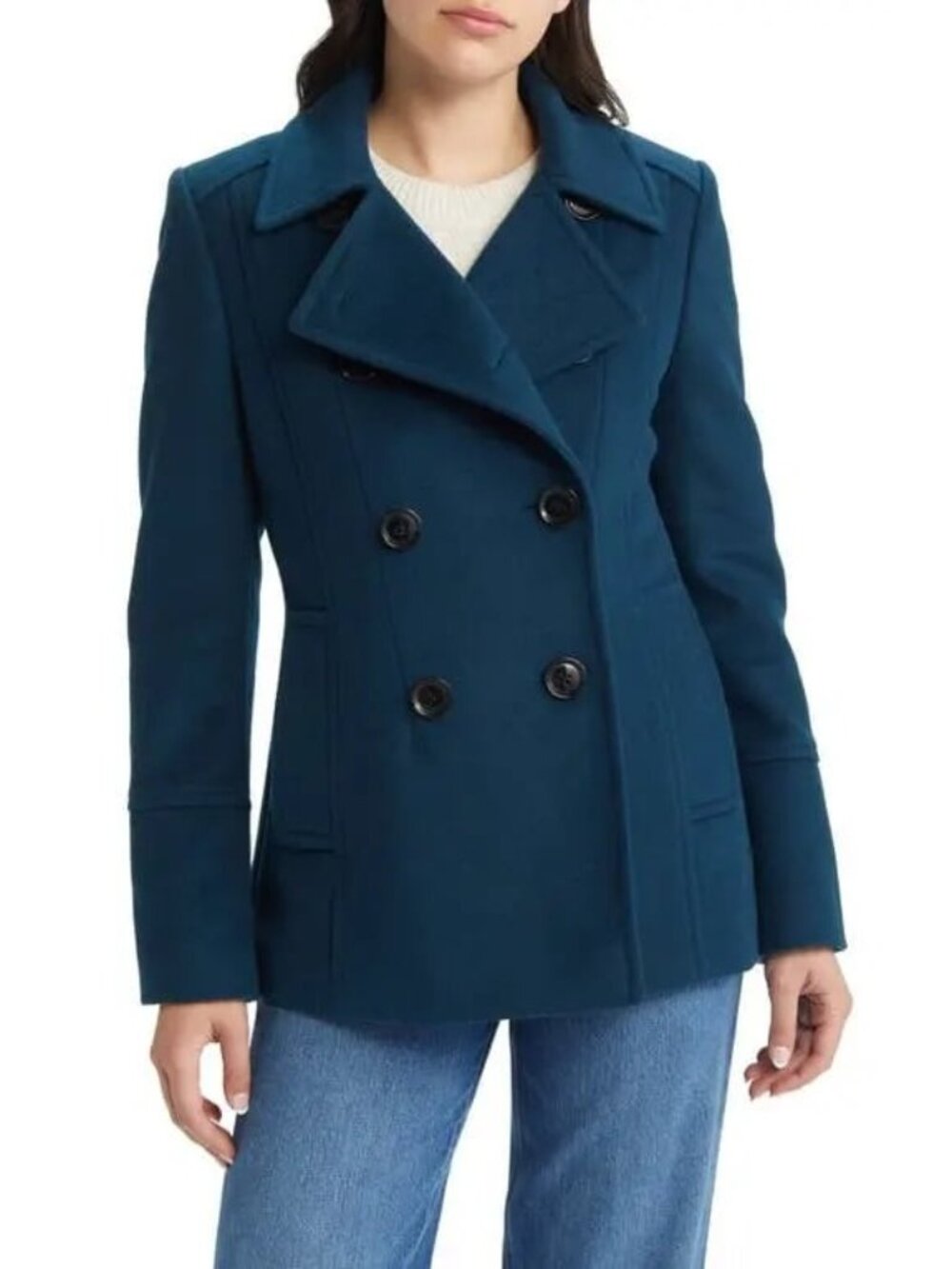Sam Edelman Teal Double-Breasted Water Repellant Notched Lapels Lined Peacoat S